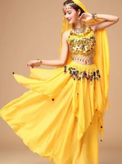 Costume de Danse de Ventre Rouge Orientale en Chiffon Cosplay Femme Déguisements Halloween