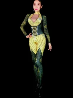 Costume De Danse Jazz Jaune Manches Longues Col En V Sexy Pour Femmes Déguisements Halloween