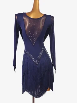 Costume de danse latine bleu femmes strass moulante Sexy robe en Polyester vêtements de danse