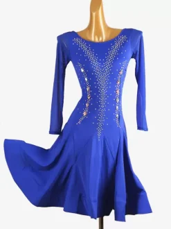 Costume de danse latine bleu Royal robe en Lycra et Spandex pour femmes paillettes élégantes Costume de danse latine