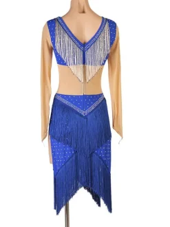Costume de danse latine Costume Blue Femmes Polyester Robe Sexy Frange Strass Costume de danse latin danseuse