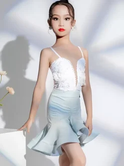 Costume de danse latine jupe supérieure en Polyester pour fille blanche Costume de danse latine