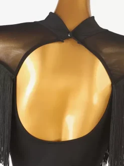 Costume de danse latine noir femmes frange dos nu Lycra Spandex robe Costume de danse