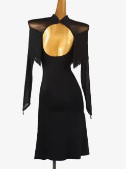 Costume de danse latine noir femmes frange dos nu Lycra Spandex robe Costume de danse