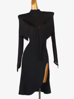 Costume de danse latine noir femmes frange dos nu Lycra Spandex robe Costume de danse