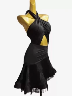 Costume de danse latine noir pour femmes robe en Lycra et spandex Sexy frange vêtements de danse latine