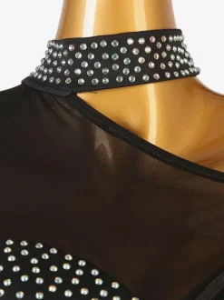 Costume De Danse Latine Noir Une Épaule Nu Manche Longue Robe Lycra Spandex Pour Femme Noire Costume De Danse Latine Sexy