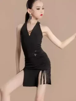 Costume de danse latine pour fille noire jupe en lycra et élasthanne haut costume de danse