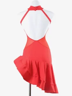 Costume de danse latine rouge pour femmes robe sexy en lycra et spandex à volants et dos nu