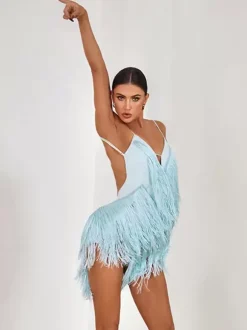 Costume de danse latine vert avocat robe à franges pour femmes robe Sexy en Polyester vêtements de danse