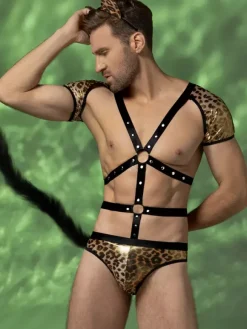 Costume de léopard pour homme ensemble harnais short queue et oreilles tenue de cosplay pour Halloween et soirées en boîte de nuit