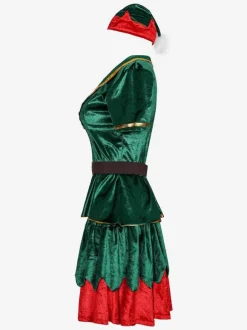 Costume de Noël pour femmes Robe en fibre de polyester vert Chapeau de couleur Bloc Costumes de vacances Ensemble complet