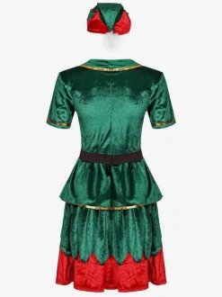 Costume de Noël pour femmes Robe en fibre de polyester vert Chapeau de couleur Bloc Costumes de vacances Ensemble complet
