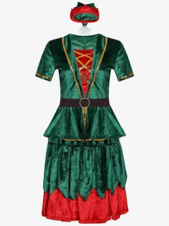 Costume de Noël pour femmes Robe en fibre de polyester vert Chapeau de couleur Bloc Costumes de vacances Ensemble complet