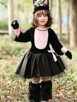 Costume De Rôle D'animal Halloween Cosplay Déguisement Chat Noir Rose N艙ud