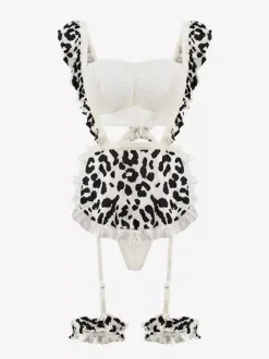 Costume de servante sexy pour femme motif vache jambières tablier haut dos en T costumes de servante