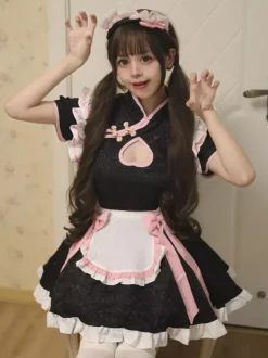 Costume de serveuse Lolita Cosplay robe cheongsam style chinois tenue de serveuse pour fête d'Halloween jeu de rôle