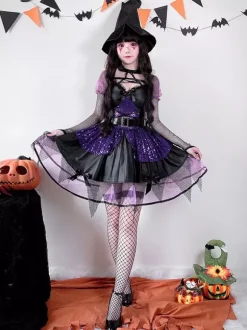 Costume de sorcière gothique d'Halloween en dentelle robe de jeu de rôle de fée noire