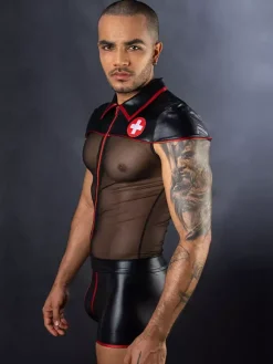 Costume d'infirmière sexy pour homme combinaison de lingerie sexy en polyester et maille pour jeu de rôle