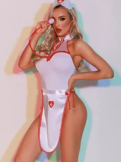 Costume d'infirmière sexy pour Halloween robe blanche dos en T pour femme