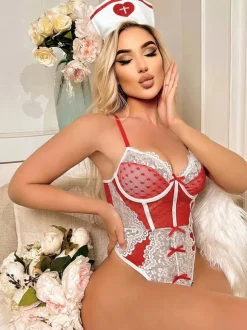 Costume D'infirmière Sexy Rouge Femme Polyester Body Lingerie En Dentelle