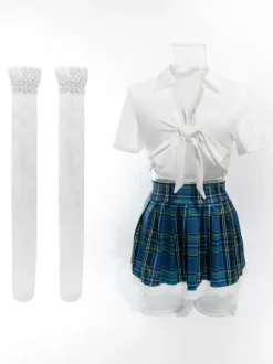 Costume Ensemble Écolière 4 Pièces Sexy Femme Haut Jupe Dos En T Bas