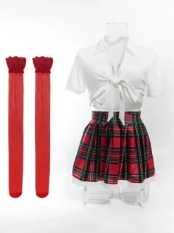 Costume Ensemble Écolière 4 Pièces Sexy Femme Haut Jupe Dos En T Bas