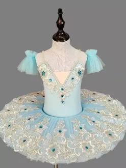 Costumes de danse de ballet pour enfants Robe tutu à épaules ouvertes en dentelle brodée bleu ciel clair