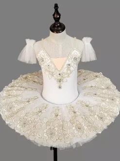 Costumes de danse de ballet pour enfants Robe tutu à épaules ouvertes en dentelle brodée bleu ciel clair