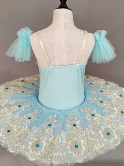 Costumes de danse de ballet pour enfants Robe tutu à épaules ouvertes en dentelle brodée bleu ciel clair