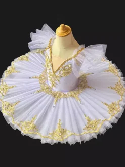 Costumes de danse de ballet blanc femme enfant ballerine perles volants dentelle polyester robe vêtements de danse