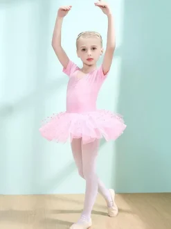 Costumes de danse de ballet Danseuse pour enfants rose pour fille volants découpés  robe en mélange de coton plissée à pois  tenue de performance tunique costume de danse