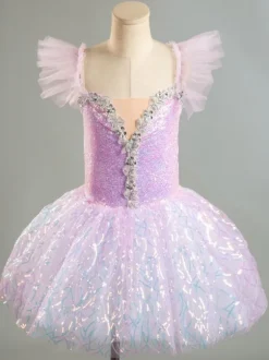 Costumes de danse de Ballet lavande pour femmes et enfants robe de ballerine à volants en dentelle et Polyester vêtements de danse