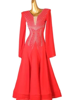 Costumes de danse de salon Robe de danse sexy en polyester avec strass pour femmes rouges