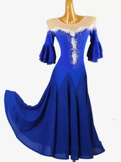 Costumes de danse de salon bleu royal femme col bijou Lycra Spandex robe fleurs robe de danse