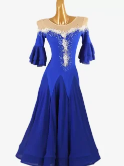 Costumes de danse de salon bleu royal femme col bijou Lycra Spandex robe fleurs robe de danse