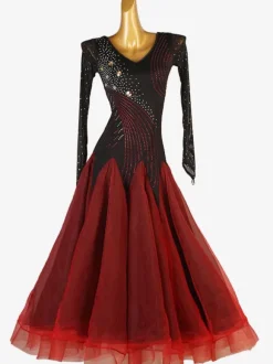 Costumes De Danse De Salon Manches Longues Robe Noir Rouge Femmes Élégantes Robe En Lycra Spandex Strass Robe De Danse
