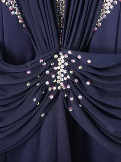 Costumes de danse de salon bleu marine foncé robe en Polyester à col bijou pour femmes vêtements de danse superposés avec strass