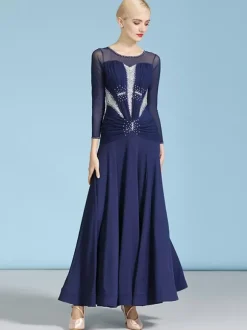 Costumes de danse de salon bleu marine foncé robe en Polyester à col bijou pour femmes vêtements de danse superposés avec strass