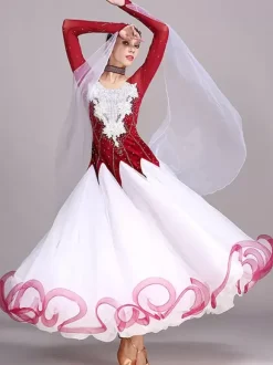 Costumes de danse de salon noir femmes élégant bijou cou robe en Polyester strass dentelle robe de danse superposée