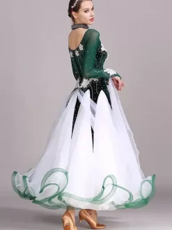 Costumes de danse de salon noir femmes élégant bijou cou robe en Polyester strass dentelle robe de danse superposée