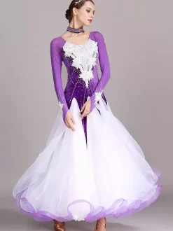 Costumes de danse de salon noir femmes élégant bijou cou robe en Polyester strass dentelle robe de danse superposée