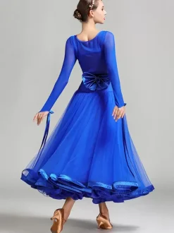 Costumes de danse de salon bleu Royal femmes Sexy Polyester Transparente bijou cou couches volants n艙uds robe robe de danse