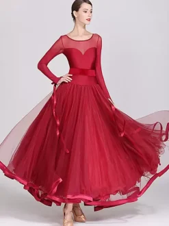 Costumes de danse de salon bleu Royal femmes Sexy Polyester Transparente bijou cou couches volants n艙uds robe robe de danse