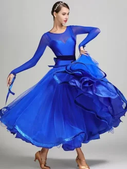 Costumes de danse de salon bleu Royal femmes Sexy Polyester Transparente bijou cou couches volants n艙uds robe robe de danse