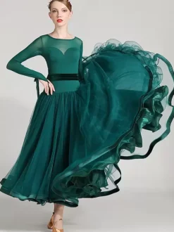 Costumes de danse de salon bleu Royal femmes Sexy Polyester Transparente bijou cou couches volants n艙uds robe robe de danse