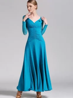 Costumes de danse de salon bleu royal femme élégant col en v robe en polyester plissé soirée
