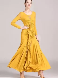 Costumes de danse de salon jaune pour femmes robe Sexy en dentelle transparente col en v en Polyester à volants vêtements de danse superposés