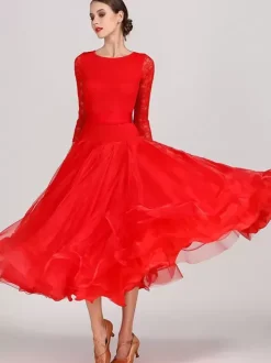 Costumes de danse de salon bleu ciel clair robe en Polyester à col bijou pour femmes robe de danse superposée en dentelle à plusieurs niveaux