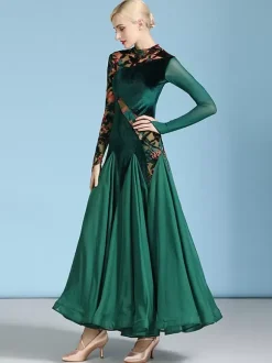 Costumes de danse de salon vert foncé pour femmes robe Sexy transparente en velours à col montant robe de danse à plusieurs niveaux